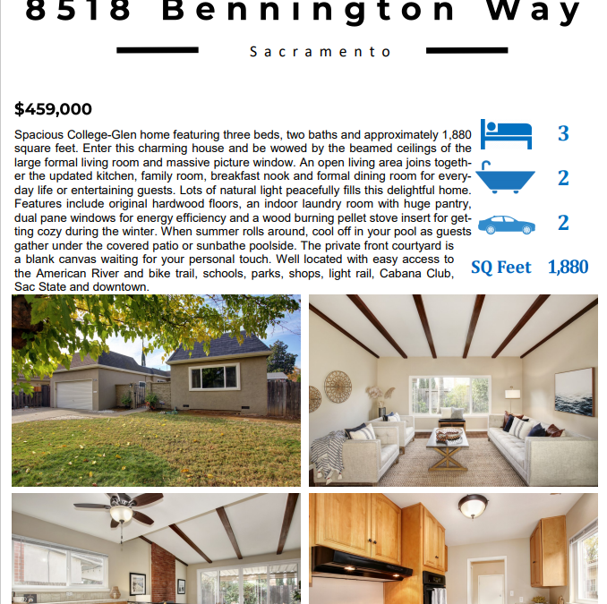 Just Listed For Sale – 8518 Bennington Way, Sacramento, CA 95826