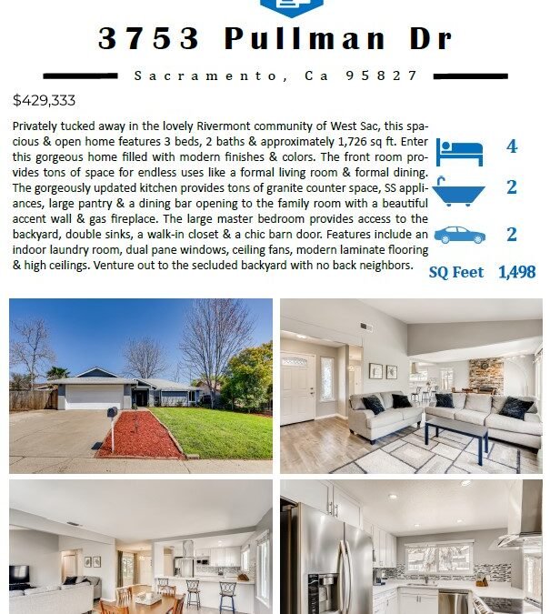 Just Listed For Sale – 3753 Pullman Drive, Sacramento, CA 95827